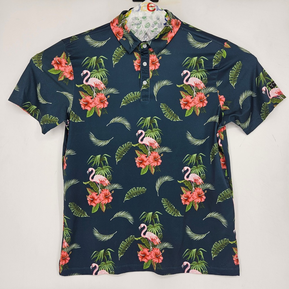 Yatta Golf‎ Polo Shirt Mens Medium Flamingos Hibiscus Short Sleeve Casual Preppy